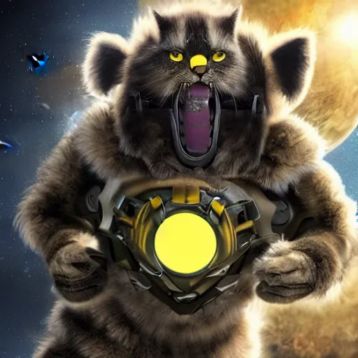 Prompt: humanoid with large cat-like features in futuristic space armor with force fields, yellow eyes, teeth that protrude past the lower lip and fine grayish fur on their faces and backs of their hands and carrying weapons, octane,