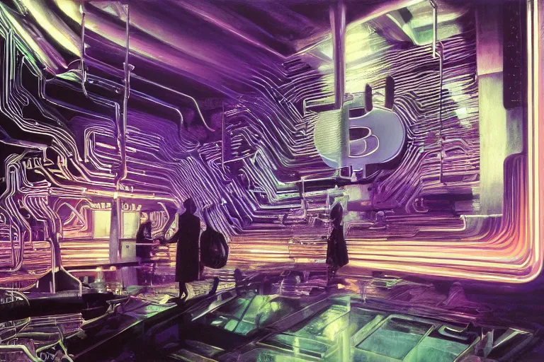 Prompt: A highly detailed rendering bitcoin demand, soft neon purple lighting, reflective surfaces, sci-fi concept art, by Syd Mead and H.R.Giger, highly detailed, oil on canvas