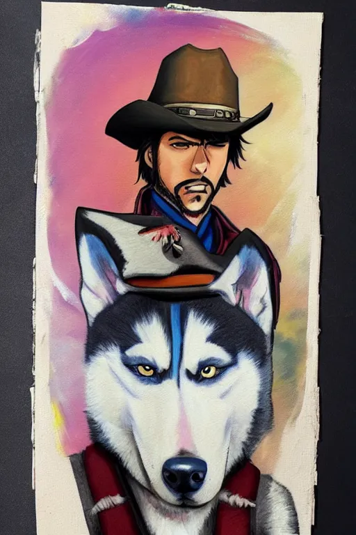 Image similar to a portrait painting of a husky in cowboy costume in the style of anime, a fistful of dollars, character design, humanoid, personify, anthropomorphic