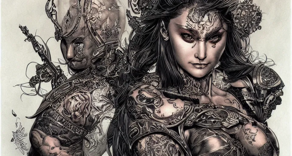 Prompt: a beautiful portrait of a woman with many tattoos, in ornate armor, Travis Charest style