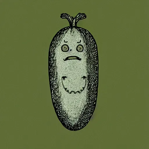 Image similar to linocut of a humanoid smiling pickle