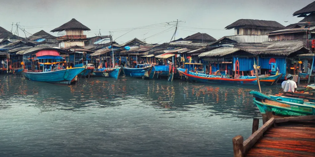 Image similar to shops at pulau indah fishing village, near a jetty, early morning, detailed matte painting, low angle view, telephoto lens, bokeh, hayao miyazaki, artstation