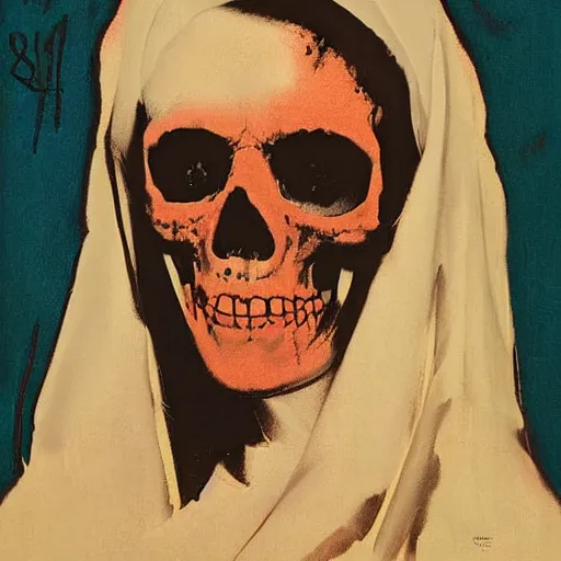 Image similar to painting of the virgin mary skull face by greg rutkowski and andy warhol and jc leyendecker