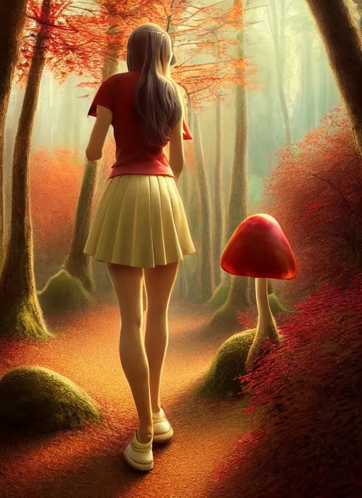 Prompt: young woman walking in short rose skirt : : magic forest mushrooms nature : : weta disney pixar movie still photo : : decadent highly - detailed digital painting, full length shot, golden ratio, octane render, artstation, smooth, sharp focus, artgerm, mucha, loish, wlop, gogo