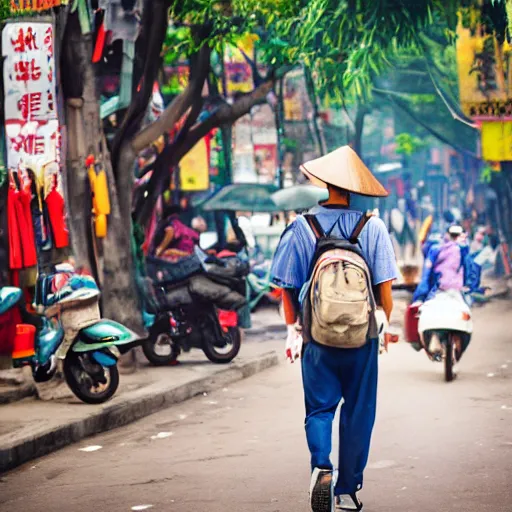 Image similar to 20 year old male American tourist wearing a backpack walking through hanoi as a Vietnamese propaganda poster. 8k resolution.