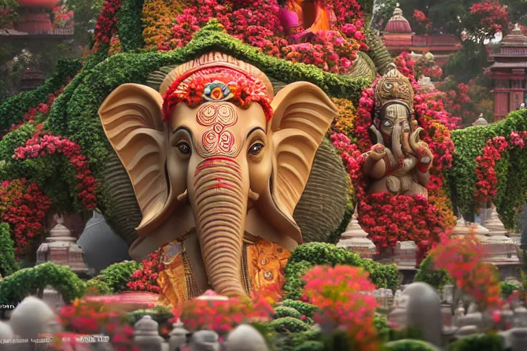 Image similar to beautiful futuristic new delhi, sharp sci - fi ganesha!! building, kalighat flowers, highly detailed cinematic, stephen shore & john j. park, soft morning light, wide shot, high angle, uhd 8 k, shallow depth of field