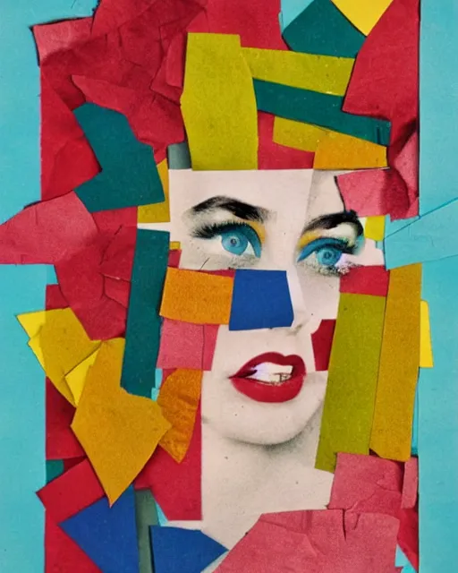 Prompt: cut and paste collage, 1 9 6 0 s, color block, flower petals, primary colors, ripped paper, a woman's face