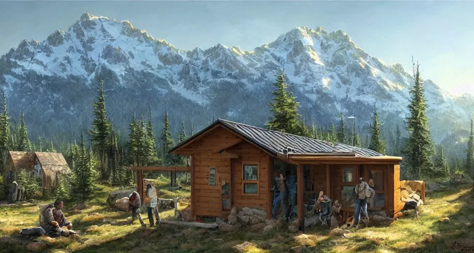 Image similar to cabela's beautiful comfortable community of modular insulated wall container home kit - house all weather military grade family dwelling tent house, person in foreground, mountainous forested wilderness open fields, beautiful views, painterly concept art, environmental concept art, concept art illustration, by james gurney, by craig mullins, by greg rutkowski trending on artstation