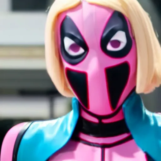 Image similar to A still of Gwenpool in Deadpool 3 (2023), blonde hair with pink highlights, no mask, white and light-pink outfit, smiling and winking at the camera