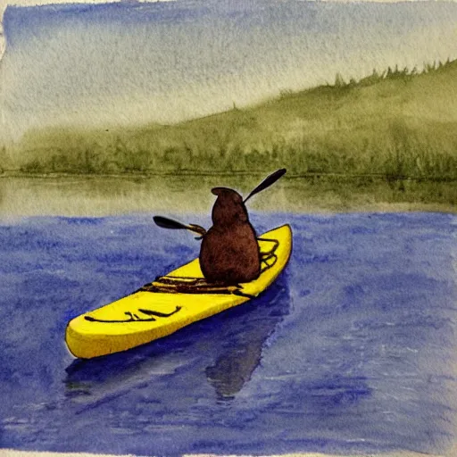 Image similar to A rabbit paddling a kayak down a calm river, watercolour realism