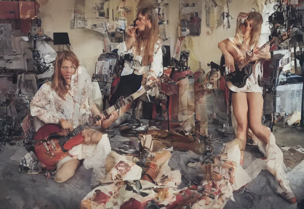 Prompt: hyperreal beautiful women playing guitar in front of a tv, 3 5 mm, cinestill, depth of field in the style of bruce weber