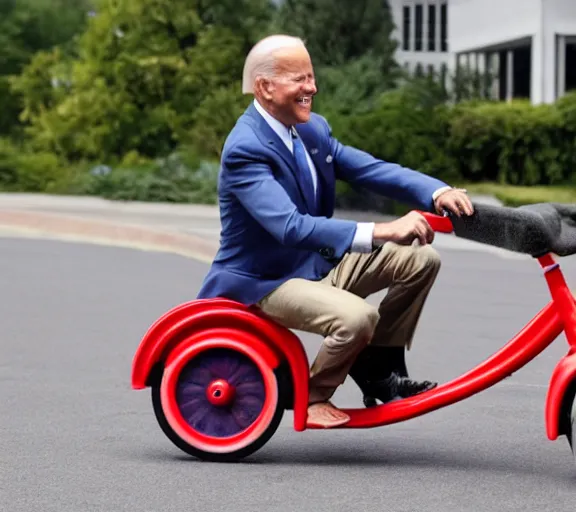 Prompt: Joe Biden riding a comically small red tricycle