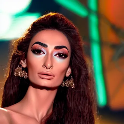 Image similar to an ultra detailed hyperrealistic portrait of Eleni Foureira with an extrene detailed face and eyes at the Eruovision Song Contest singing