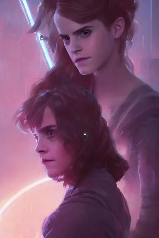 Image similar to portrait of cyborg Emma Watson as Hermione Granger in cyberpunk, neon lighting, night city, digital art from artstation by Ruan Jia and Mandy Jurgens and Artgerm and william-adolphe bouguereau and Greg Rutkowski and Wayne Barlowe