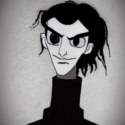 Image similar to young man portrait, black hair, skinny, sleep deprived, corpse bride art style