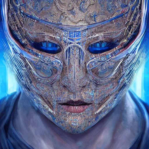 Image similar to Very very very very highly detailed epic central composition portrait of face with venetian mask, blue, intricate, dystopian, sci-fi, extremely detailed, digital painting, artstation, concept art, smooth, sharp focus, illustration, intimidating lighting, incredible art by Tokujin Yoshioka and Anton Pieck