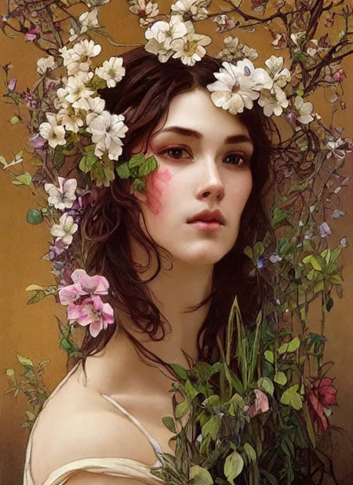 Image similar to a woman with her face painted. face painting of flowers. beautiful highly detailed face. painting by artgerm and greg rutkowski and alphonse mucha.