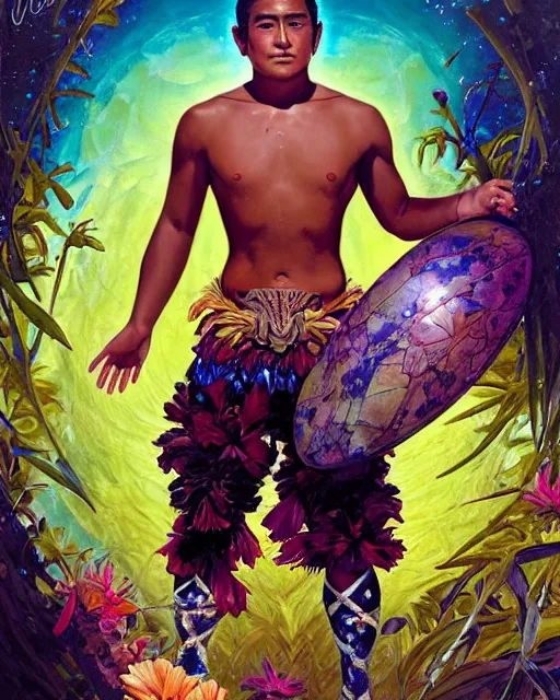 Image similar to young duke kahanamoku as a hawaiian warrior emerging from a surrounded intergalactic planets connected by streams of multiversal flow, sigma male, gigachad, lush garden of majestic flowers, visually stunning, luxurious, by wlop, james jean, jakub rebelka, tran nguyen, peter mohrbacher, yoann lossel