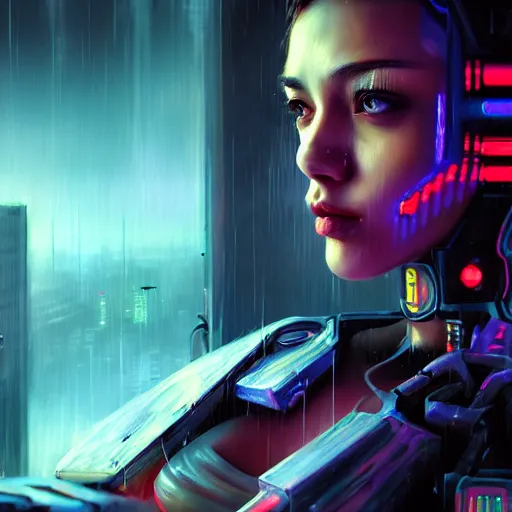 Image similar to An epic comic hyperrealistic painting of a cyber warrior girl, attractive, faces and details painted by WLOP, cyberpunk style color, heavy rainning at tokyo street night, neon lights all around, Matte painting, smoke, cinematic lighting, corona render, arnold render, movie concept art, 8k, RPG portrait, Concept world, rim lights, phtotrealistic, hdri