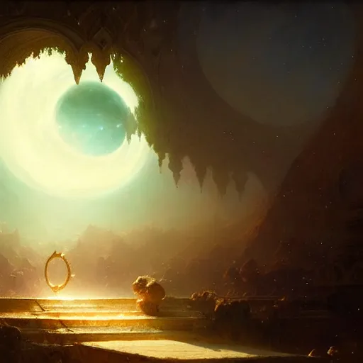 Image similar to giant shining crescent in a magic fluffy persian carpet dimension, by greg rutkowski and gaston bussiere, dim lighting, beautiful volumetric - lighting - style atmosphere, surreal atmosphere, intricate, detailed, photorealistic imagery, artstation