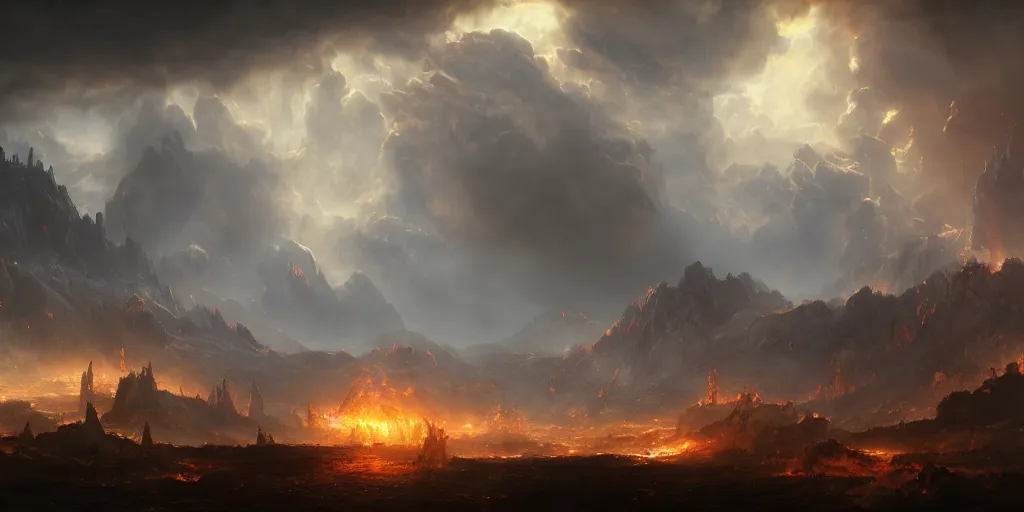 Image similar to fifth circle of hell, dante's inferno, landscape, cinematic, dramatic, very detailed, far horizon, by eugene delacroix, artstation, jessica rossier, octane render, vivid, stormy sky