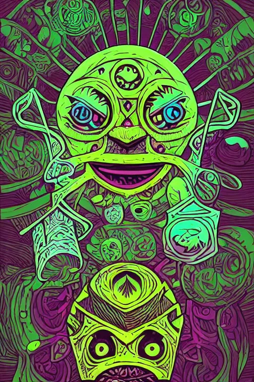 Image similar to knit majora's mask tribal feather gemstone plant wood rock shaman vodoo video game vector illustration vivid color borderlands by josan gonzales and dan mumford radiating a glowing aura