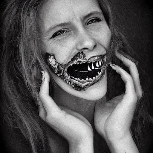 Prompt: body horror. a gorgeous woman with terrifying rotten teeth