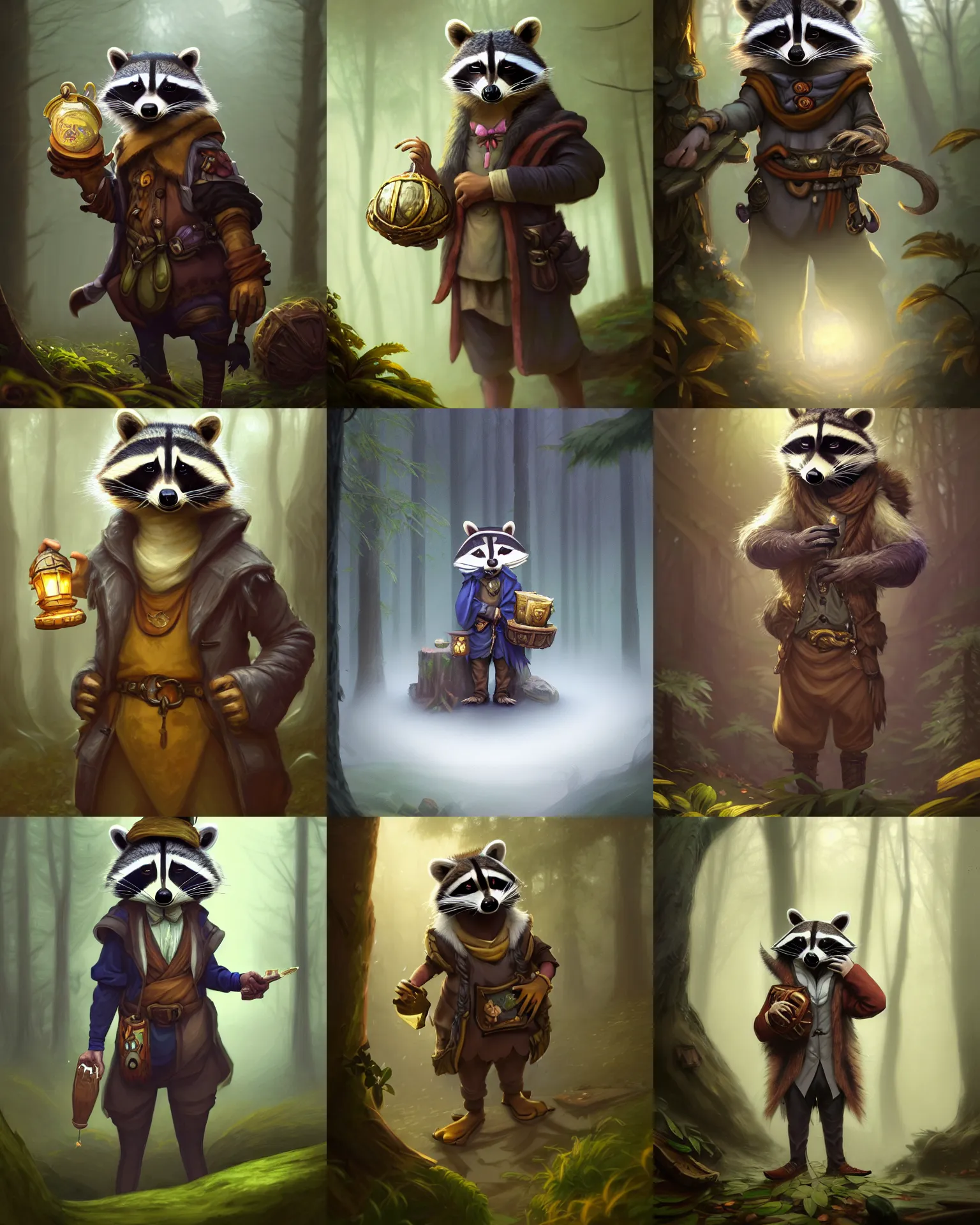 Prompt: photography of a male anthropomorphic raccoon fursona dressed as a merchant in a misty forest, deep focus, d & d, fantasy, intricate, elegant, highly detailed, digital painting, artstation, concept art, matte, sharp focus, illustration, hearthstone, art by artgerm and greg rutkowski and alphonse mucha