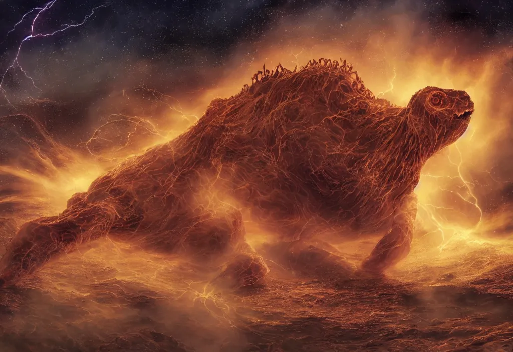 Image similar to eldritch horror bloody garfield in space, hd, 8 k, giant, epic, realistic photo, unreal engine, prophecy, powerful, cinematic lighting, destroyed planet, debris, violent, sinister, ray tracing, dynamic, epic composition, dark, horrific, teeth, grotesque, monochrome drawing, hellscape, corpses, foreboding, lightning, garfield cartoon eyes