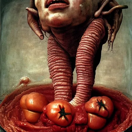 Image similar to a boy like eraserhead and elephant man sitting in a tub full of tomato sauce, looking straight into camera, screaming in desperation, by giuseppe arcimboldo and ambrosius benson, renaissance, fruit, intricate and intense oil paint, a touch of beksinski and hr giger and edward munch, realistic