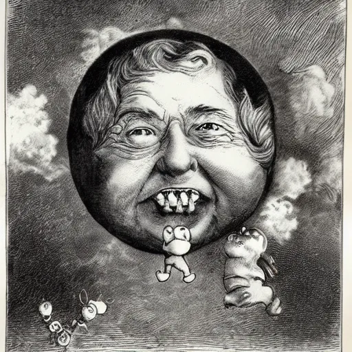 Image similar to candid portrait of white ball human face hybrid in the sky with face smiling eyes closed, mouth open, surrounded by clouds, illustrated by peggy fortnum and beatrix potter and sir john tenniel