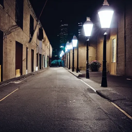 Prompt: an urban neighborhood street at night, the only light is coming from the street lamps, there is something strange at the end of the street