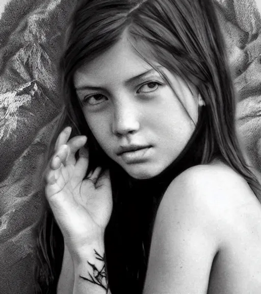 Image similar to a beautiful girl portrait, faded mountain background, realism tattoo, in the style of den yakovlev, black and white, hyper realistic, highly detailed