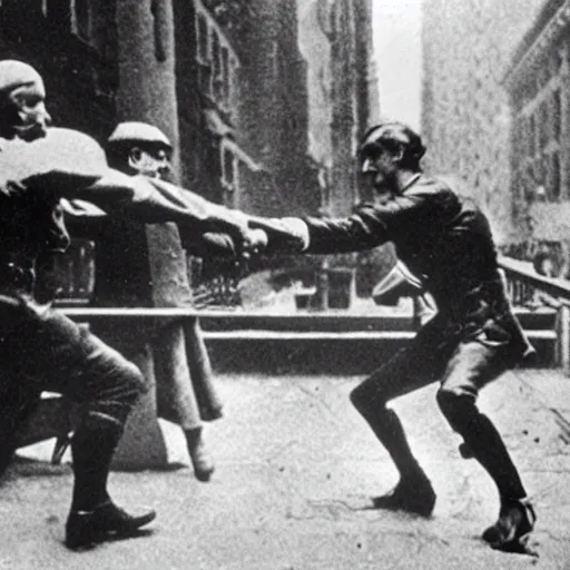 Image similar to a close - up old black and white photo, 1 9 1 3, depicting isaac newton fighting gottfried leibnitz in an ally of new york city, rule of thirds, historical record