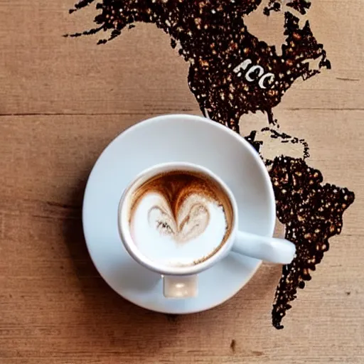 Image similar to Photo of the world map drawn in a cup of coffee sitting over a wooden table, award-winning, 35mm camera, amazing, pinterest