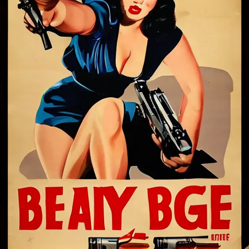Prompt: betty page fully clothed in a suit holding a handgun, movie poster by kyle lambert