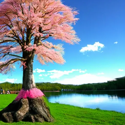 Prompt: Pink tree beside a large lake, landscape in the style of the lego movie