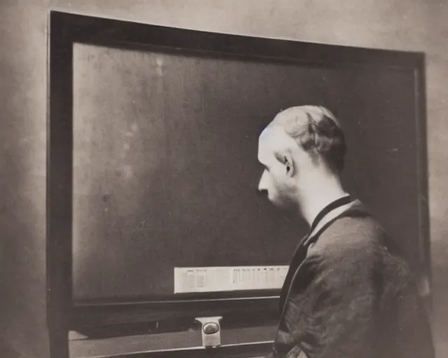 Image similar to 1 9 0 0 s photo of a person watching a flat screen hd tv