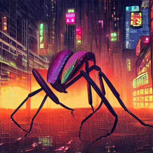 Prompt: mega mantis destroying city cyberpunk