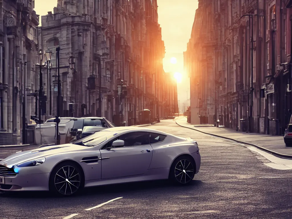 Prompt: modern dyanmic aston martin car parked in london street, low view looking up, small angle, beautiful sunset, unreal engine