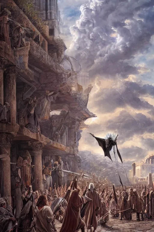 Prompt: gandalf attacks ancient athens, oil on canvas, intricate, 8 k highly professionally detailed, hdr, cgsociety