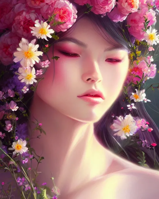 Image similar to a painting of a beautiful woman surrounded by flowers, an ultrafine detailed painting by ross tran, featured on deviantart, fantasy art, detailed painting, deviantart, anime