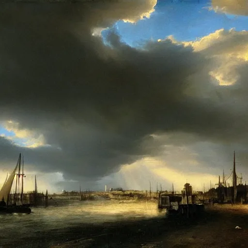 Image similar to oil painting of american old west town, harbour, dramatic storm clouds, dusty street, sunrays, dramatic, very very very beautiful art, cinematic lighting, romanticism by goya