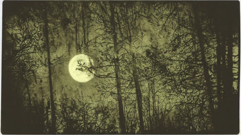 Prompt: (psychedelic) polaroid of a mystical night sky with a huge moon, A glimpse through a small gap in the foliage and overgrowth and the trees of the huge gibbous moon in a dark sky, wreathed in red smoke, starlight, night-time, dark enclosed, cozy, quiet forest night scene, spangled