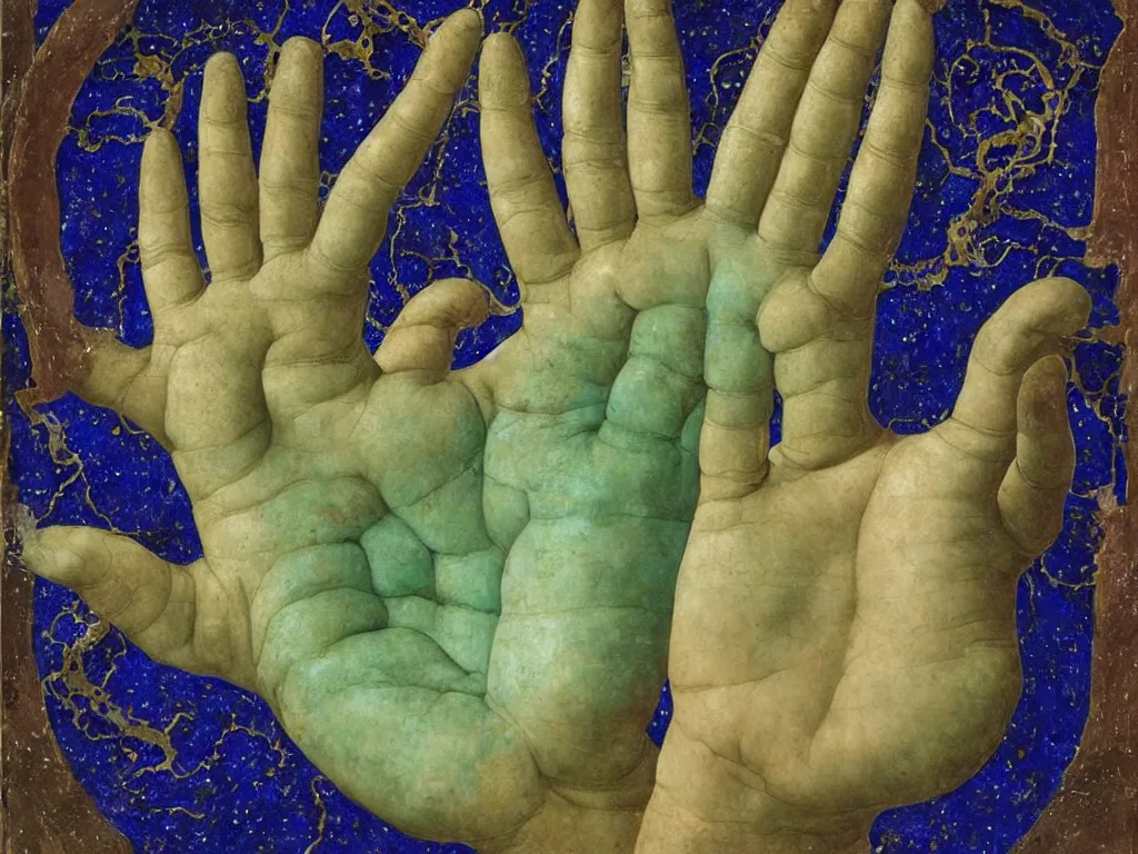 Prompt: sculpted hand with visible veins holding an eye. lapis - lazuli, emerald, turquoise, malachite, cinnabar, earth brown. painting by piero della francesca, ernst haeckel, agnes pelton