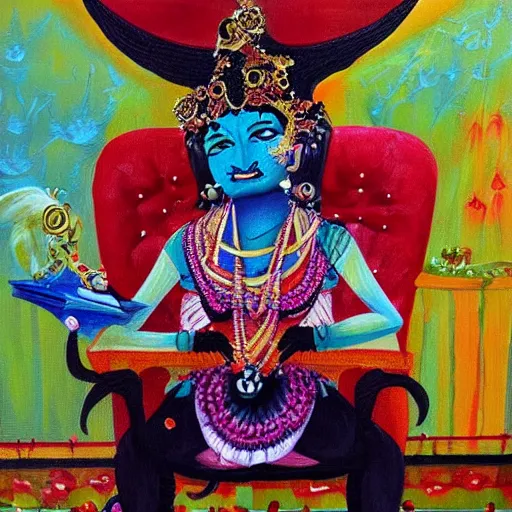 Image similar to a painting of a demon sitting on top of a chair, a detailed painting by ram chandra shukla, pixiv contest winner, bengal school of art, detailed painting, maximalist, art on instagram