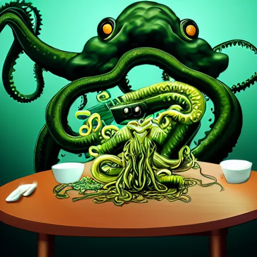 Image similar to Cthulhu monster using its tentacle sitting at table eating ramen