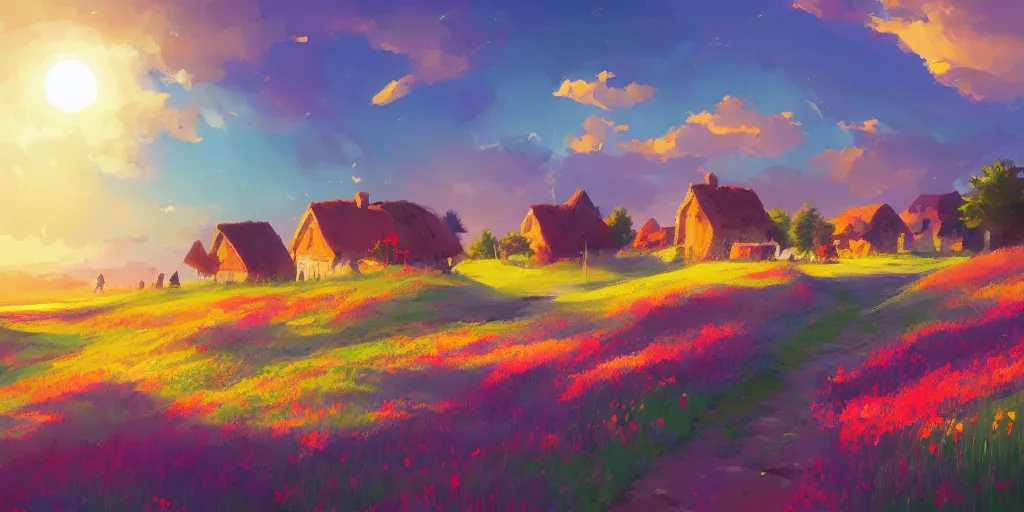 Prompt: colorful sylvain sarrailh illustration of a lonely summer village near the beach, brightly illuminated by rays of sun, wildflowers, artstation