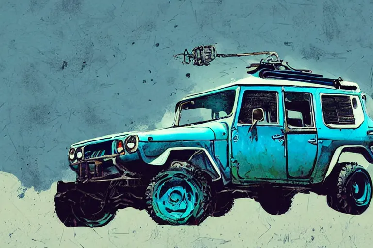 Prompt: digital illustration of a faded cyan mad max's fj 4 0 decrepit!!!! pursuit special, rusty!!! nissan fj cruiser heavily modded 1 9 9 0 s, the last v 8 interceptor by makoto shinkai, ilya kuvshinov, lois van baarle, rossdraws, basquiat