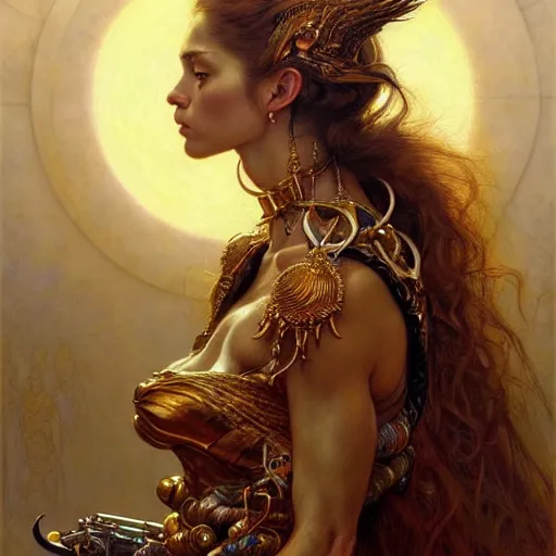 Image similar to highly detailed portrait of a majestic lioness queen in the form of a beautiful woman. d & d. art by donato giancola, eugene delacroix, ruan jia, carl larsson, peter mohrbacher. trending on artstation, intricate details, energetic composition, golden ratio, concept art, illustration, elegant art, global illuminaition